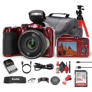 image:imageKodak Pixpro AZ255 Digital Camera in Red AZ255RD Bundle Including 128 GB Memory Card Rechargeable Batteries Case Flexible Tripod Neck Strap Lens Caps Full Cleaning Kit More Accessories