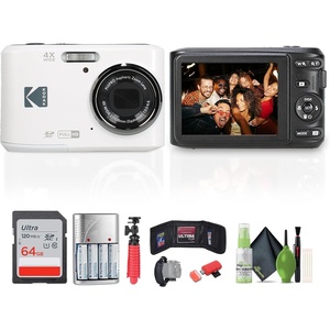 image:imageKodak Pixpro FZ45 Digital Camera White Bundle Including 64 GB Memory Card Rechargeable Batteries Flexible Tripod Card Reader Hand Strap Cleaning Kit More