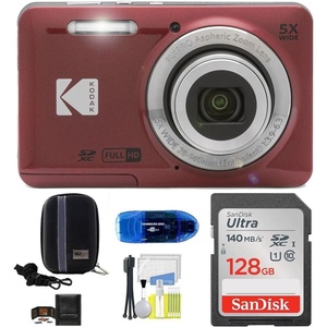 image:imageKodak Pixpro FZ55 Digital Camera Bundle Includes SanDisk 128GB Memory Card Hard Shell Camera Case SD Card Reader and More 6 Items RedRed