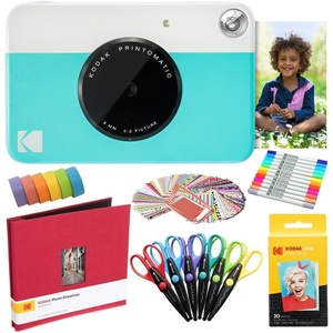 image:imageKodak Printomatic Instant Camera Green Art Bundle  Zink Paper 20 Sheets  8x8 Cloth Scrapbook  12 Twin Tip Markers  100 Border Stickers  6 Decorative Scissors  Washi TapeBlue